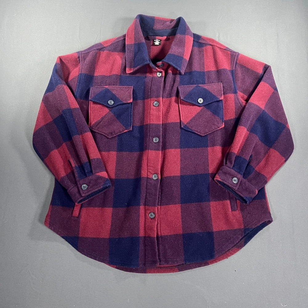 Woolx Sawyer Merino Wool Plaid Shirt Jacket Shacket Red Navy Blue Womens XL - Picture 2 of 7